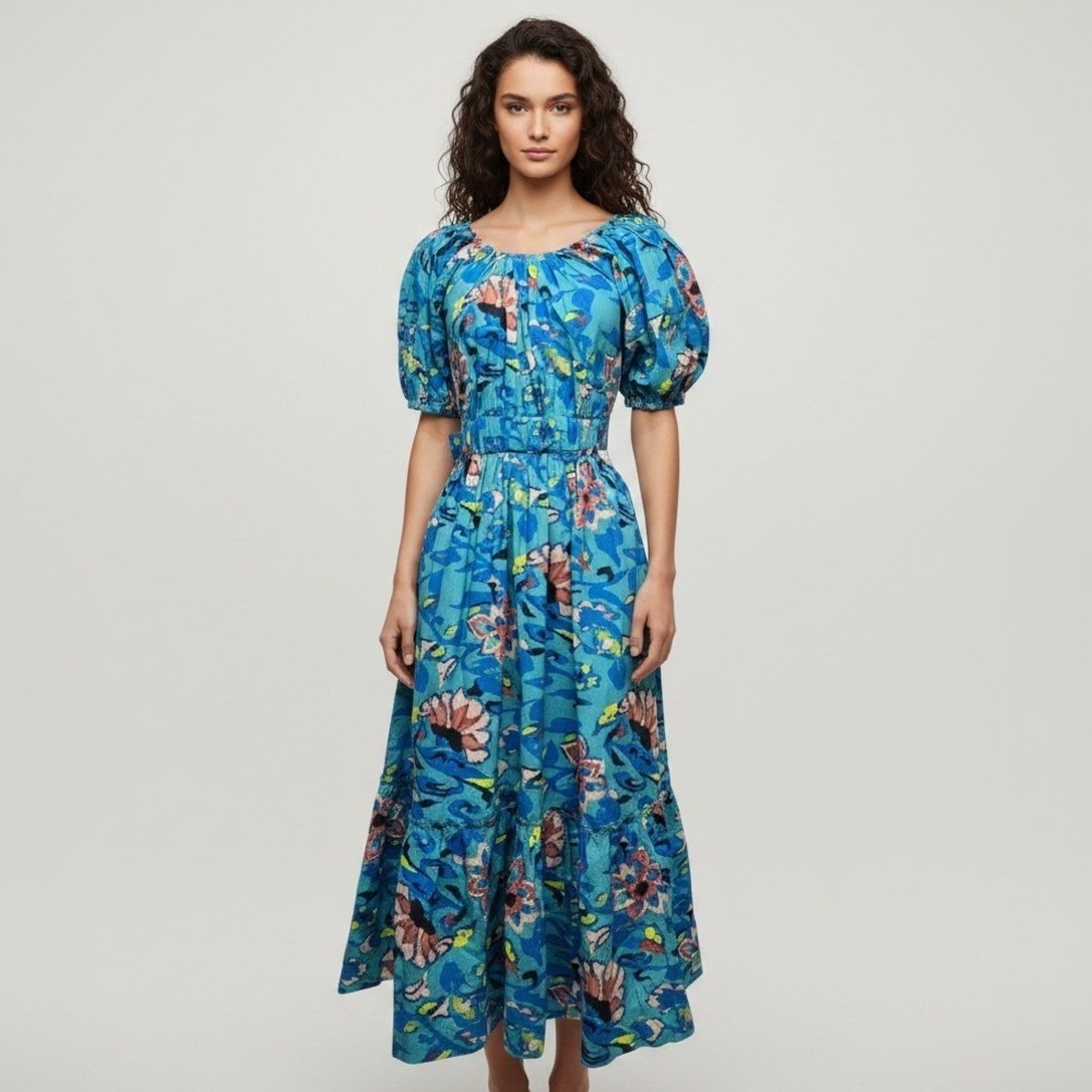 Cleobella Blue Floral Organic Cotton Puff Sleeve Tiered Maxi Dress Size XS